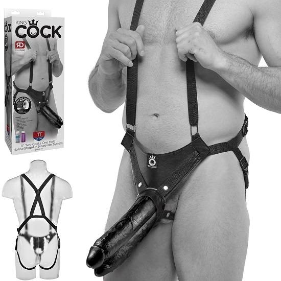 King Cock 11 Inch Two Cocks One Hole Hollow Strap-On Suspender
