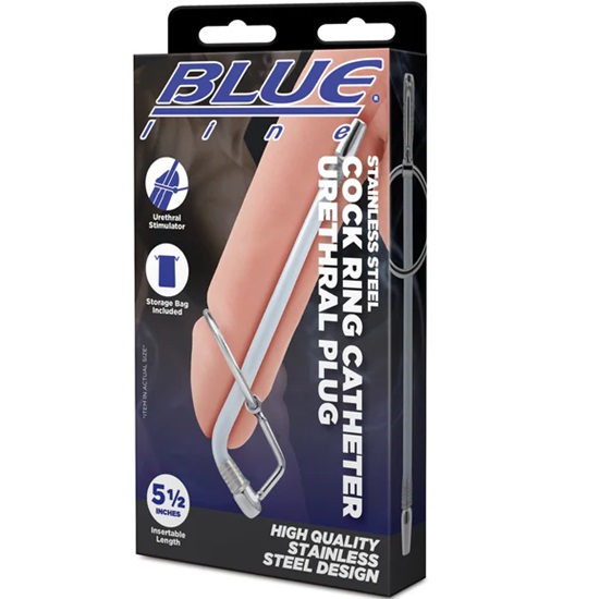 Blue Line Stainless Steel Cock Ring Catheter Urethral Plug